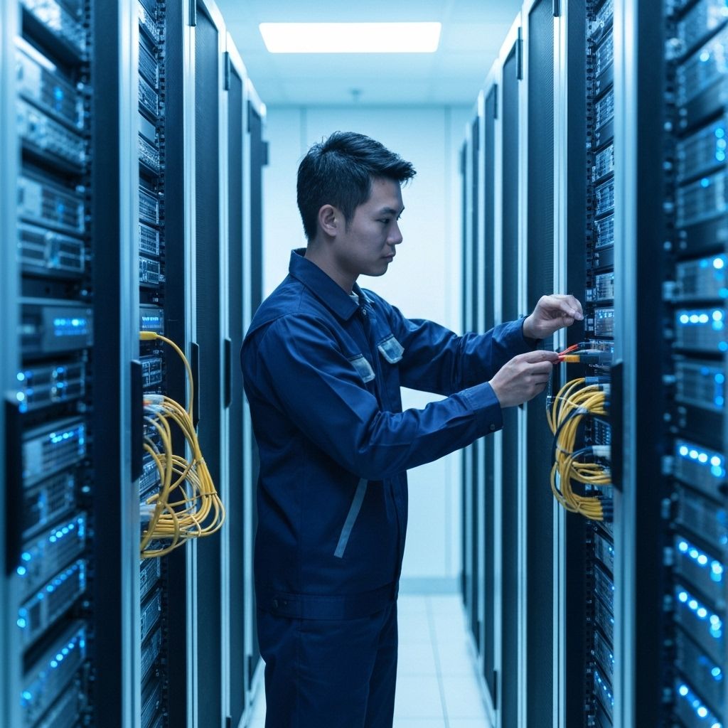 Técnico trabalhando em sala de servidores